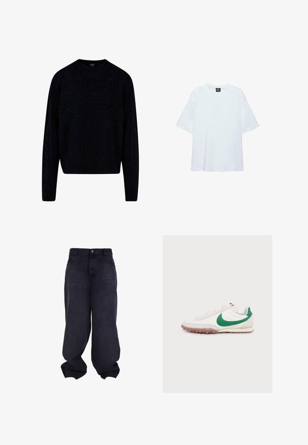 Sort strikket sweater med et tekstureret kabeldesign, rund halsudskæring samt ribkantede manchetter og kant. Kortere længde med en afslappet pasform.; Hvid, oversized T-shirt med korte ærmer og rund halsudskæring, med en sort etiket inde i kraven på en hvid baggrund.; Sorte oversized løstsiddende jeans med knap- og lynlåsfrontlukning, forlommer og løse, brede ben.; Hvid sneakers med lavt snit og grønt Nike swoosh-logo, hvide snørebånd og gennemsigtig gummisål, set fra siden på en ensfarvet baggrund.