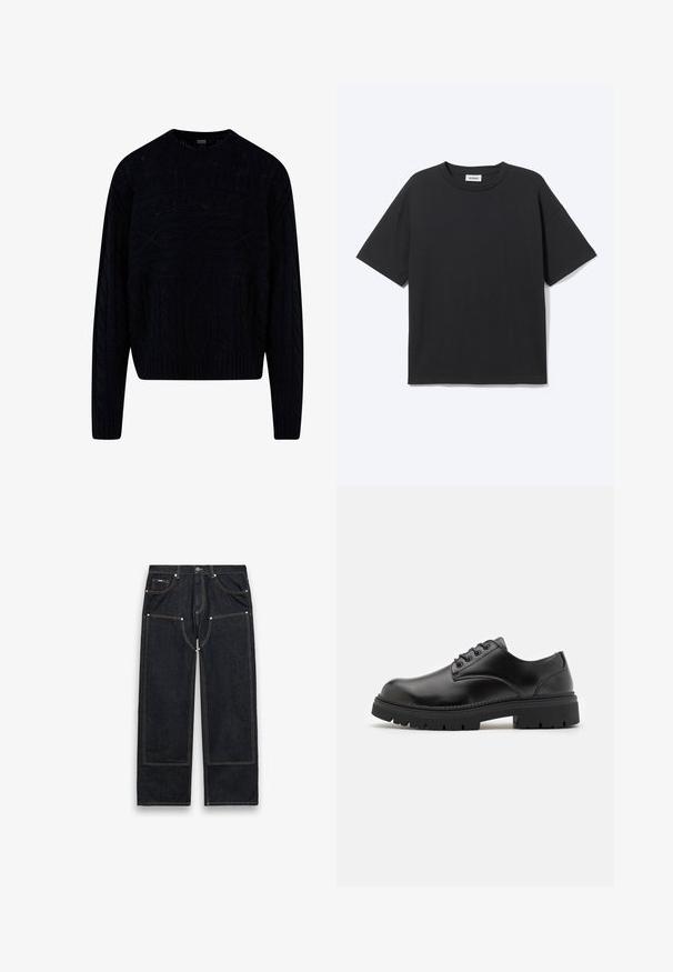 Sort strikket sweater med et tekstureret kabeldesign, rund halsudskæring samt ribkantede manchetter og kant. Kortere længde med en afslappet pasform.; Sort T-shirt med korte ærmer og rund hals med afslappet pasform, forfra, ensfarvet design og synligt Weekday-mærke inde i kraven.; Sorte denimjeans med lige ben, forstærkede knælapper, synlige gule sømme, lommer foran og bagpå samt knaplukning i taljen.; Sorte lædersko med rund tå, snørelukning og en tykk, struktureret gummisål. Har syninger langs kanten og en glat overflade.