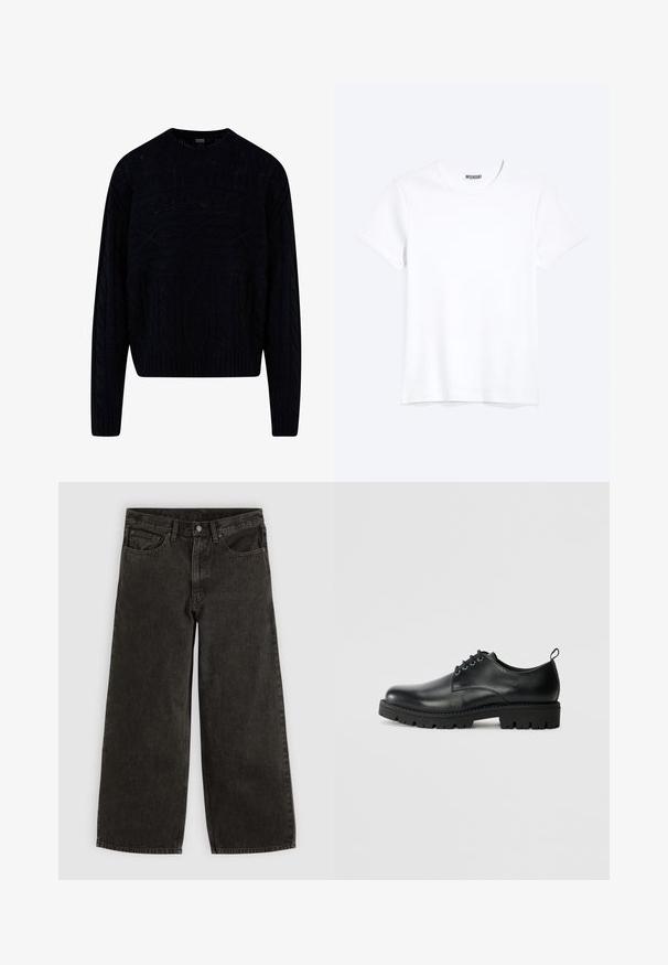 Sort strikket sweater med et tekstureret kabeldesign, rund halsudskæring samt ribkantede manchetter og kant. Kortere længde med en afslappet pasform.; Enkelt hvid T-shirt med korte ærmer og rund hals med synligt WEEKDAY-mærke i kraven, vist på en lys baggrund.; Sorte vidde jeans med frontknap og lynlås, bæltestropper og fem lommer, lagt fladt på en hvid baggrund.; Sort læder sko med en rund tå, der har snørelukning, solid sort gummisål og en lille hælflap bagpå.