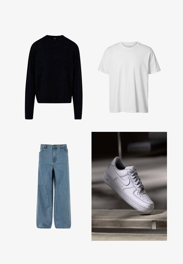 Sort strikket sweater med et tekstureret kabeldesign, rund halsudskæring samt ribkantede manchetter og kant. Kortere længde med en afslappet pasform.; Enkelt hvid T-shirt med korte ærmer og rund hals, løs pasform og uden synlige logoer eller designs foran.; Denim bredde ben bukser i lys blå. Har en knap- og lynlåslukning, fem lommer og en falmet tekstur for et klassisk look.; Hvid læder Nike Air Force 1 sneaker med perforeret tå, flade snørebånd og tekstureret gummisål med "AIR" branding på siden.