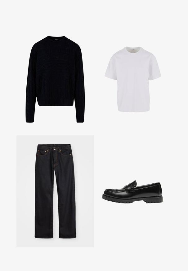 Sort strikket sweater med et tekstureret kabeldesign, rund halsudskæring samt ribkantede manchetter og kant. Kortere længde med en afslappet pasform.; Hvid T-shirt med korteærmer lavet af blødt bomuld, med rund halsudskæring og en afslappet pasform med lige kant. Ingen mønstre eller detaljer synlige.; Mænds lige ben sorte denim jeans med fem lommer og orange syninger, knap- og lynlåslukning foran på taljen.; Sort læderloafer med en kraftig gummisål og klassiske penny-strap detaljer, vist fra ydersiden.