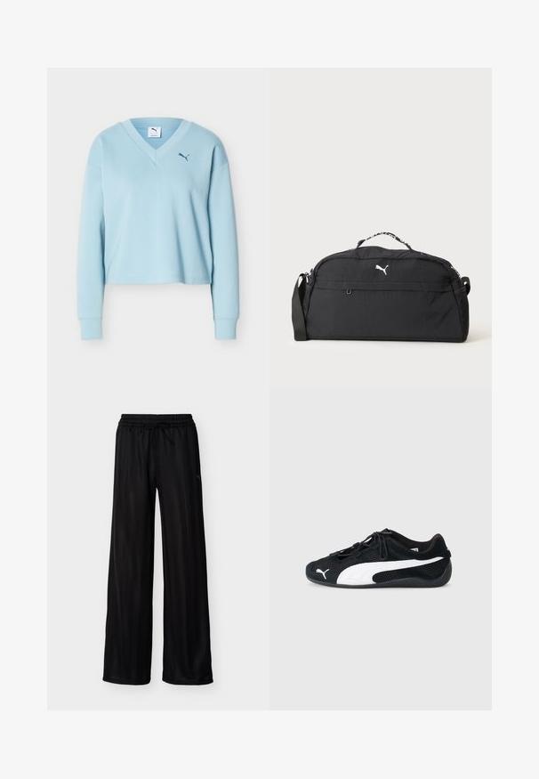 Sweat-shirt court à manches longues bleu clair avec col en V et petit logo Puma bleu foncé sur la poitrine gauche.; Pantalon large noir avec taille élastique et cordon de serrage, présentant des rayures verticales subtiles et un petit logo latéral.; Chaussures de sport noires en matériau mesh et suède, avec un logo Puma blanc, des lacets élastiques et une semelle en caoutchouc texturée.; Sac de sport noir Puma avec logo blanc, poignée supérieure, bandoulière réglable et poches latérales en mesh sur fond uni.