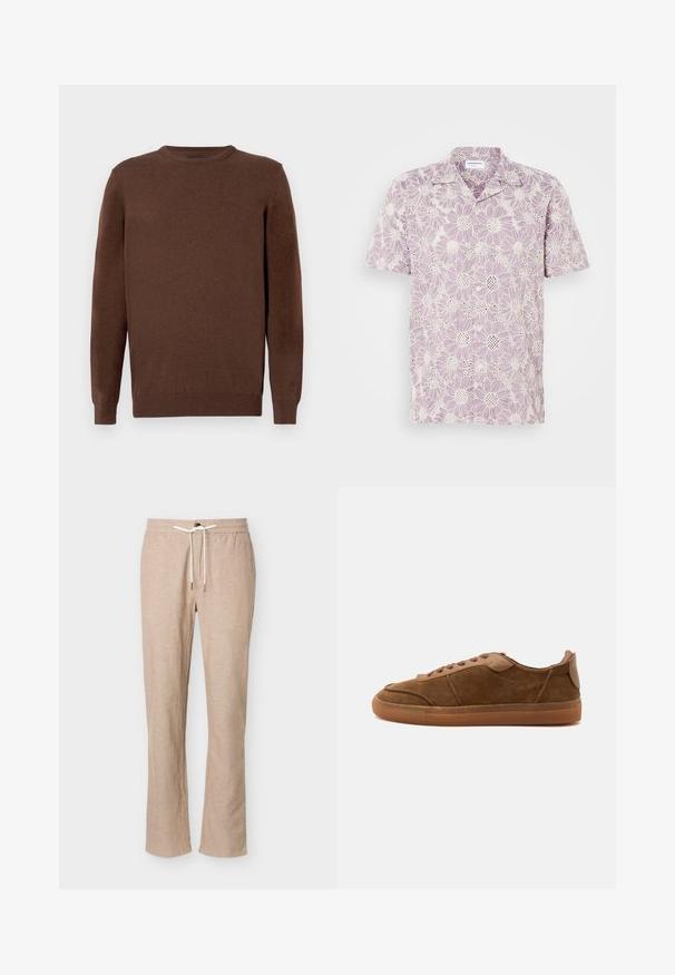 Pull en laine marron à manches longues avec col rond, doté de poignets et d'un ourlet côtelés, avec un petit logo brodé discret sur la poitrine gauche.; Chemise à manches courtes de couleur violet clair avec un imprimé floral, comportant des marguerites blanches et une texture en dentelle. Fermeture par boutons à l'avant.; Pantalon décontracté beige en mélange de lin avec taille élastique et cordon blanc, coupe droite, sans poches visibles, présenté sur fond blanc.; Baskets basses en daim marron avec lacets assortis et semelle en gomme, vues de côté sur un fond uni.