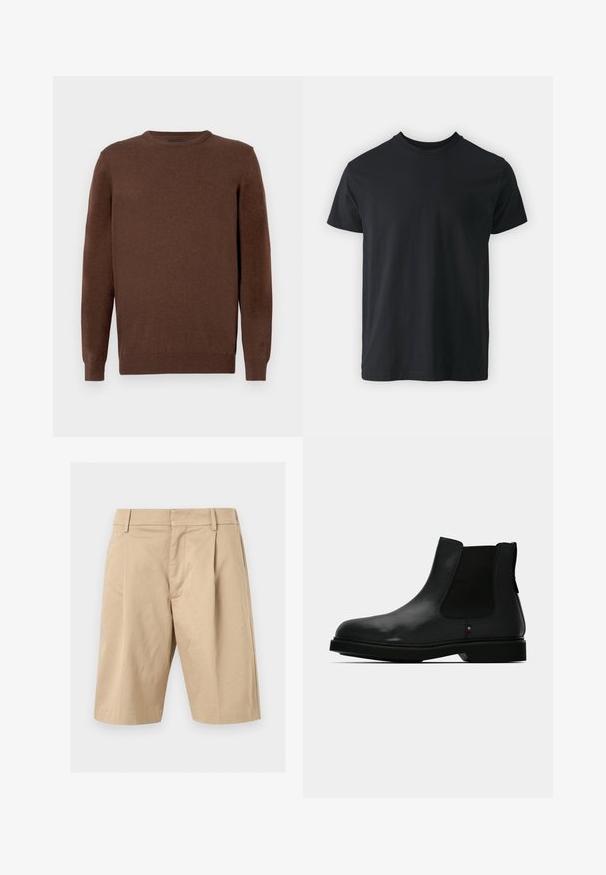 Pull en laine marron à manches longues avec col rond, doté de poignets et d'un ourlet côtelés, avec un petit logo brodé discret sur la poitrine gauche.; T-shirt noir en coton à manches courtes avec un col rond et une coupe décontractée. Texture lisse et ourlet droit, sans graphismes ni motifs visibles.; Short beige jusqu'au genou, coupe sur mesure, avec passants pour ceinture, plis devant et fermeture frontale cachée, présenté sur un fond clair.; Botte Chelsea noire en cuir avec des panneaux latéraux élastiques, un bout rond et une tige texturée. Elle est dotée d'une semelle en caoutchouc plate et d'un détail de branding subtil.