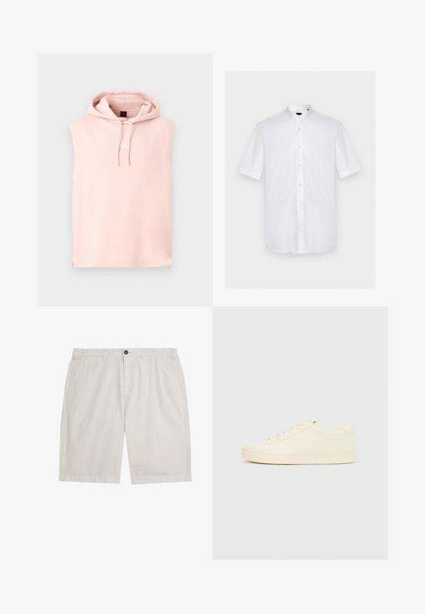 Sweat à capuche sans manches rose clair avec cordons à l'avant et petit texte brodé au centre de la poitrine sur fond gris uni.; Chemise blanche à manches courtes avec col mandarin, boutons sur le devant et logo discret sur la poitrine gauche.; Shorts décontractés beige clair avec passants de ceinture, fermeture avant à bouton et fermeture éclair, et poches latérales, posés à plat sur un fond blanc.; Baskets couleur crème avec une tige en cuir lisse, bout arrondi, laçage à l'avant et semelle en caoutchouc texturée. Design minimaliste, sans logo.