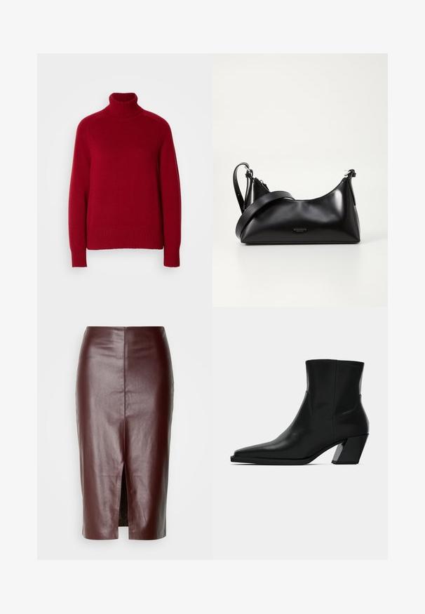 Roter Rollkragenpullover mit gerippten Bündchen und Saum, aus einem weichen Strickmaterial hergestellt, mit einem lässigen Schnitt und deutlichen Nahtlinien.; Hochgeschnittene, dunkelbraune Leder-Bleistiftrock mit einer mittigen Naht hinten und einem Schlitz hinten, auf einem weißen Hintergrund präsentiert.; Schwarze Leder-Stiefelette mit spitzem Zeh, schlanker Silhouette und klobigem quadratischem Absatz. Glatte Textur mit minimalen Nähdetails.; Schwarze lederne Handtasche mit glatter Textur. Verfügt über einen verstellbaren Riemen und ein elegantes, minimalistisches Design mit einem Reißverschluss.