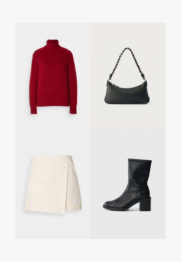 Rød rullekrave sweater med ribbede manchetter og kant, lavet af et blødt strikkemateriale, med en afslappet pasform og tydelige sømlinjer.; Mini nederdel i cremefarvet tekstureret stof med asymmetrisk slå-om front og lige linning på ensfarvet baggrund.; Sort læder ankelstøvle med rund tå, glat tekstur og en grov hæl, der har et tætsiddende skaft og subtil syning.; Sort skuldertaske i læder med en buet rektangulær form, gyldent kæde vævet ind i en flettet sort rem og toplynlås.