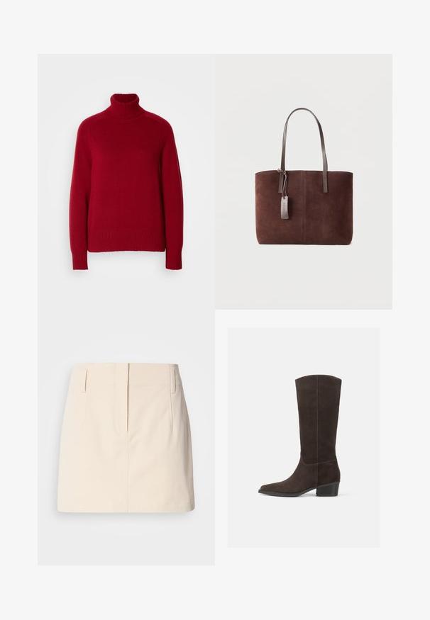 Pull à col roulé rouge avec des bords côtelés aux poignets et à l'ourlet, fabriqué en maille douce, présentant une coupe décontractée et des coutures distinctes.; Calvin Klein Jeans SKIRT - Jupe trapèze - fog; Bottine en daim marron foncé, montante jusqu'au genou, avec un bout carré, une texture lisse et un petit talon empilé, affichant un design minimaliste et des lignes épurées.; Sac fourre-tout en daim marron avec des anses en cuir foncé et une petite étiquette en cuir attachée sur un fond clair uni.
