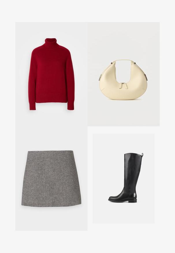 Roter Rollkragenpullover mit gerippten Bündchen und Saum, aus einem weichen Strickmaterial hergestellt, mit einem lässigen Schnitt und deutlichen Nahtlinien.; Rock mit Fischgrätenmuster aus grauem Stoff, mit figurbetonter Silhouette, glatter Textur und einem sauberen, geraden Saum.; Schwarz Leder Stiefel bis zum Knie mit glatter Oberfläche, runder Spitze, tiefem Absatz und Zugschlaufe hinten. Minimalistisches Design ohne sichtbare Muster.; Beigefarbene handtasche in halbmondform mit doppeltem reißverschluss und kurzem griff, mit silbernen metallakzenten an den seiten.