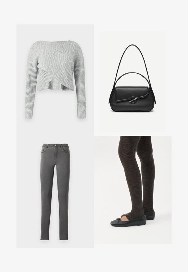 Pull court gris côtelé avec un design croisé, manches longues et une texture douce. Présente des motifs côtelés horizontaux et verticaux.; Jean skinny en denim gris avec une coupe ajustée, style cinq poches et une fermeture à bouton métallique unique au niveau de la taille.; Jambes portant des leggings côtelés foncés associés à des ballerines noires avec de petits détails en nœud sur fond blanc.; Sac à main en cuir noir avec bords arrondis, rabat asymétrique, fermoir circulaire en métal, et des bandoulières courtes et longues.