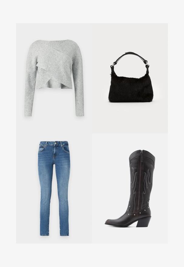 Pull court gris côtelé avec un design croisé, manches longues et une texture douce. Présente des motifs côtelés horizontaux et verticaux.; Jeans skinny en denim bleu avec une finition délavée, comportant cinq poches, des passants de ceinture et une fermeture éclair avec bouton.; Bottes de cowboy en cuir marron avec surpiqûres en forme de flammes, fermeture éclair latérale, clous argentés, bout pointu et talon superposé.; Sac à main en fausse fourrure noire avec une texture douce, une forme arrondie et une bandoulière en cuir noir robuste. Accent en métal argenté visible.