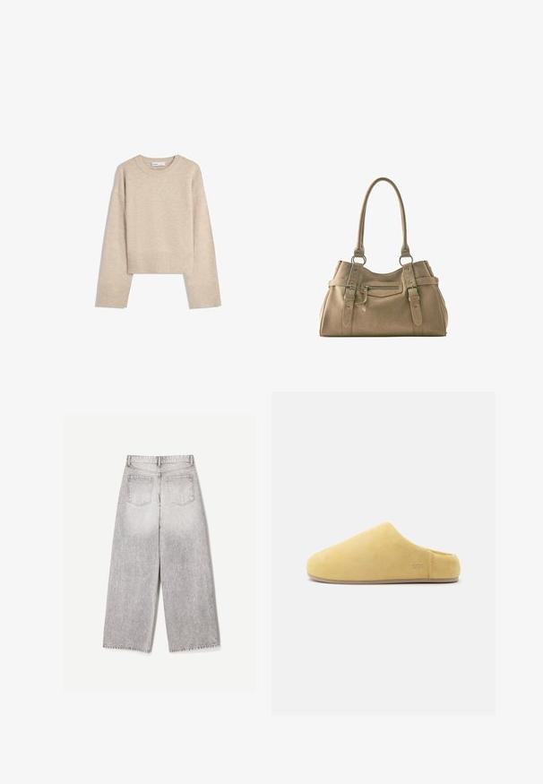 Beige cropped sweater gemaakt van zacht breimateriaal. Heeft een ronde halslijn, lange mouwen en geribde boorden en onderkant voor extra textuur.; Lichtgrijze wijd uitlopende jeans met hoge taille en twee achterzakken, gezien van achteren tegen een effen witte achtergrond.; Zachte gele instapslof met gesloten teen, lage hak, suède textuur en UGG-logo geëmbosseerd nabij de hiel op een witte achtergrond.; Beige handtas met dubbele handvatten, voorzak met ritssluiting, details met gesp riem en zacht getextureerd materiaal.
