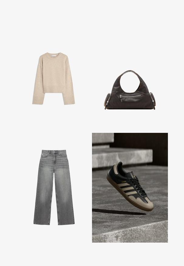 Pull en beige court en tricot doux. Présente un col rond, des manches longues et des bords-côtes aux poignets et à l'ourlet pour une texture supplémentaire.; Jean large gris en denim, avec une taille mi-haute, cinq poches et une légère décoloration sur les jambes.; Baskets en cuir noir et beige avec trois bandes blanches, semelle en caoutchouc beige et détail en or "Samba" sur le côté.; Sac à main en cuir noir avec une poignée supérieure arrondie, deux poches latérales zippées et une texture lisse. Design légèrement souple.