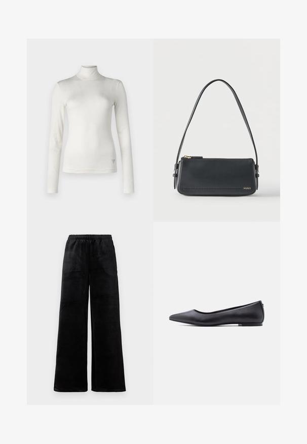 Haut à col roulé blanc à manches longues en tissu doux à la texture lisse. Présente un accent logo subtil sur le côté inférieur.; Pantalons larges noirs en tissu doux, avec une taille élastique et une texture lisse. Design simple sans motifs ni accents.; Chaussure plate en cuir noire à bout pointu avec petit talon, vue de profil sur fond blanc.; Sac à bandoulière rectangulaire en cuir noir avec fermeture éclair dorée et petit logo "HUGO" doré sur le devant, doté d'une sangle réglable avec boucle.