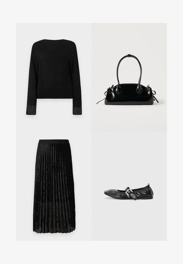 Pull en maille noir à manches longues, avec des clous en argent sur les poignets et un ourlet côtelé. Encolure ronde, texture douce et coupe décontractée.; Jupe plissée noire en velours, avec une finition texturée ornée de paillettes brillantes réparties uniformément sur le tissu.; Chaussure plate en cuir noir avec un nez pointu, des détails froncés autour de l'ouverture et un accent en boucle argentée sur la bride ajustable.; Petit sac à main noir brillant avec deux longues anses et des détails à cordon sur les côtés sur un fond clair uni.