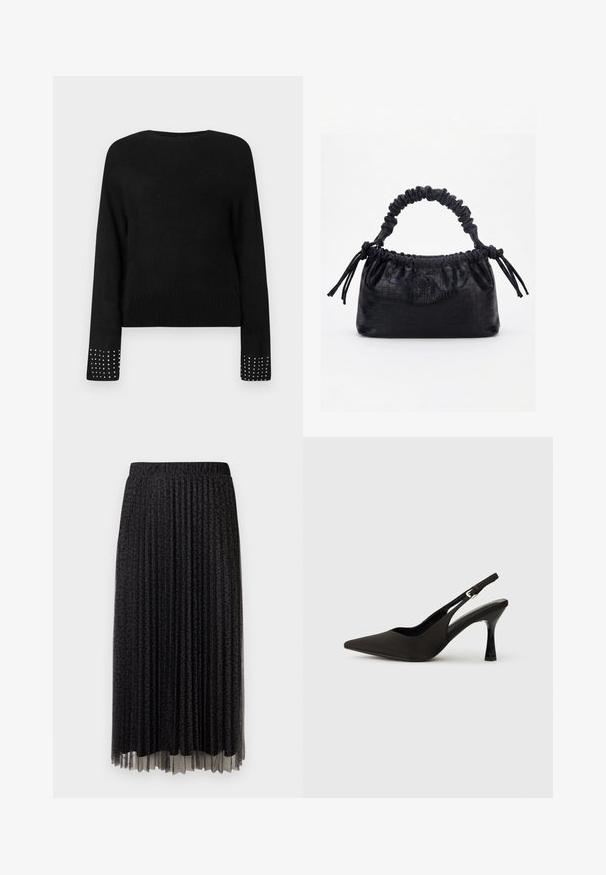 Pull en maille noir à manches longues, avec des clous en argent sur les poignets et un ourlet côtelé. Encolure ronde, texture douce et coupe décontractée.; Jupe midi plissée noire avec un léger motif léopard, taille élastique et texture transparente à l'ourlet.; Chaussures à talons noires avec une bride, à bout pointu, finition mate lisse et talon fin brillant. Sangle ajustable avec petit détail de boucle.; Sac à main noir avec texture crocodile, bord supérieur froncé, poignée plissée et pompons à cordon de chaque côté sur fond blanc.