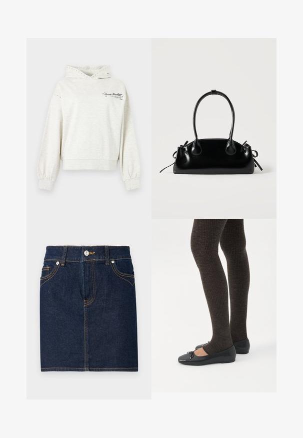 Sweat à capuche gris clair avec œillets métalliques sur la capuche et les manches, portant le texte « Sweet Goodbye » et des accents d'étoiles sur la poitrine.; Jupe en denim bleu foncé avec des coutures visibles, design à cinq poches et fermeture par bouton à l'avant. Coupe droite avec un ourlet net.; Jambes portant des leggings côtelés foncés associés à des ballerines noires avec de petits détails en nœud sur fond blanc.; Petit sac à main noir brillant avec deux longues anses et des détails à cordon sur les côtés sur un fond clair uni.
