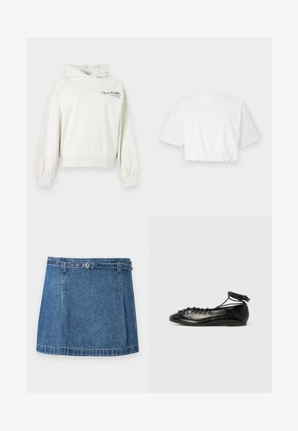 Sweat à capuche gris clair avec œillets métalliques sur la capuche et les manches, portant le texte « Sweet Goodbye » et des accents d'étoiles sur la poitrine.; T-shirt blanc court avec manches courtes bouffantes, encolure ronde et ourlet froncé, fabriqué à partir d'un tissu en coton doux.; Mini-jupe en denim bleu avec ourlet cousu et fine ceinture assortie avec boucle argentée, posée à plat sur un fond clair.; Ballerines en cuir verni noir avec un bout rond, un design à lacets et une semelle plate. Texture lisse avec peu de détails.