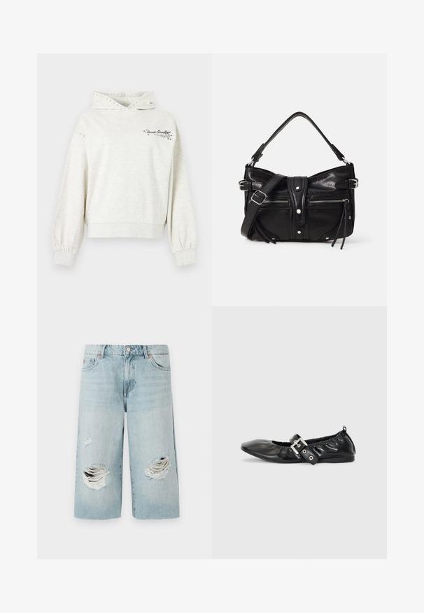 Sweat à capuche gris clair avec œillets métalliques sur la capuche et les manches, portant le texte « Sweet Goodbye » et des accents d'étoiles sur la poitrine.; Shorts en denim bleu clair à coupe ample, présentant deux grandes déchirures sur le devant. Cinq poches et fermoir en métal visible.; Chaussure plate en cuir noir avec un nez pointu, des détails froncés autour de l'ouverture et un accent en boucle argentée sur la bride ajustable.; Even&Odd by Zalando H24462 - Sac à main - black