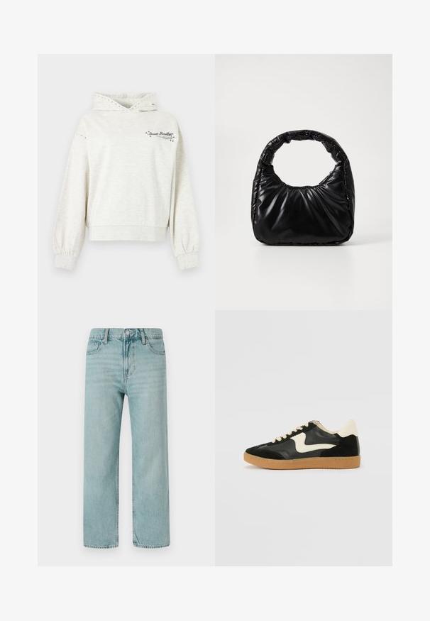 Sweat à capuche gris clair avec œillets métalliques sur la capuche et les manches, portant le texte « Sweet Goodbye » et des accents d'étoiles sur la poitrine.; Jeans bleu clair à jambes larges en denim, avec un design classique à cinq poches, des lignes épurées et une taille régulière avec fermeture par bouton.; Baskets en daim et cuir noir avec un swoosh latéral crème et un talon crème clair. Dotées de lacets beige et d'une semelle en caoutchouc gomme.; Sac à main noir rembourré avec une poignée arrondie, présentant une surface lisse et brillante ainsi qu'une texture douce et matelassée. Pas de quincaillerie ou d'accents visibles.