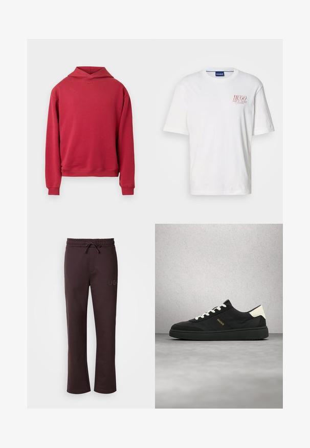 Sweat à capuche en coton rouge avec une coupe décontractée, doté d'une poche kangourou, de poignets côtelés et d'un logo minimaliste « BOSS » sur la poitrine. Design épuré.; T-shirt en coton blanc avec manches courtes, col rond, et un logo rouge sur le côté gauche de la poitrine. Texture lisse.; Pantalon de survêtement marron foncé avec une taille élastique, un cordon de serrage, des poches latérales et le logo "HUGO" imprimé sur la jambe gauche. Texture douce.; Baskets noires avec lacets blancs et languette de talon, logo « HUGO » sur le côté, présentées en suspension dans les airs sur un fond de sol gris et mur en blocs de verre.