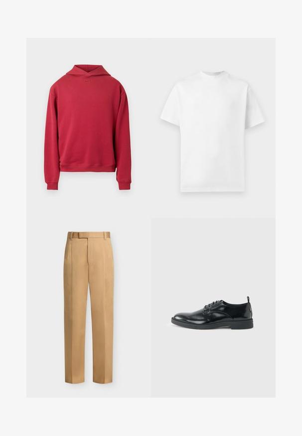 Sweat à capuche en coton rouge avec une coupe décontractée, doté d'une poche kangourou, de poignets côtelés et d'un logo minimaliste « BOSS » sur la poitrine. Design épuré.; T-shirt blanc uni à manches courtes et col rond, présenté à plat sans logos ni motifs visibles.; Pantalon beige droit avec passants de ceinture, plis devant et fermeture éclair.; Chaussure habillée en cuir noir brillant avec un petit talon, fermeture à lacets et bout rond, vue de côté sur un fond uni et clair.