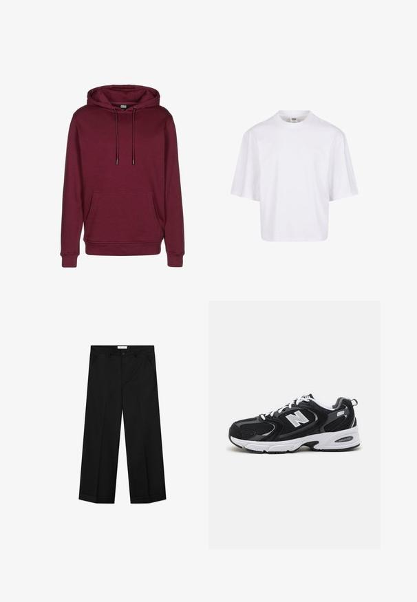 Bordeaux hoodie met een voorzak, trekkoorden en geribbelde manchetten. Gemaakt van zachte stof met een gladde textuur.; Witte, kortekorte t-shirt met een ronde hals en een ontspannen pasvorm, gemaakt van een zachte katoenmix. Geen patronen of versieringen.; Zwarte wijde broekspijpen gemaakt van een glad materiaal, voorzien van zakken aan de voorkant, een knoopsluiting en een vouw in elke pijp.; Zwarte en grijze sport schoenen met een bovenwerk van mesh en suede, voorzien van een witte tussenzool, veters en een gedurfde "N"-logo aan de zijkant.