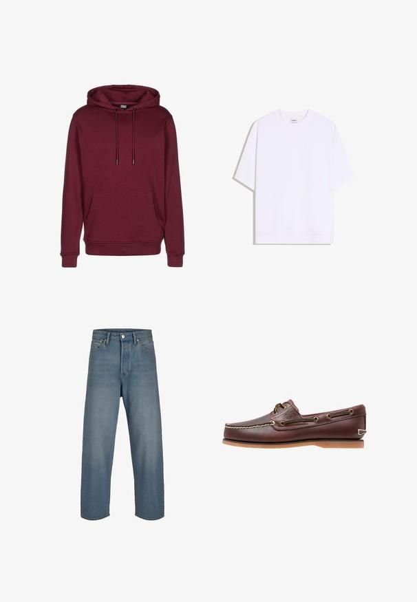 Bordeaux hoodie met een voorzak, trekkoorden en geribbelde manchetten. Gemaakt van zachte stof met een gladde textuur.; Effen wit oversized T-shirt met korte mouwen en ronde hals, platliggend op een witte achtergrond.; Lichtblauwe denim jeans met een comfortabele pasvorm, hoge taille en rechte pijpen. Bevat voorzakken en een knoopsluiting.; Bruine leren bootschoen met witte stiksels, veterdetails en beige rubberen zool, zijaanzicht op een witte achtergrond.