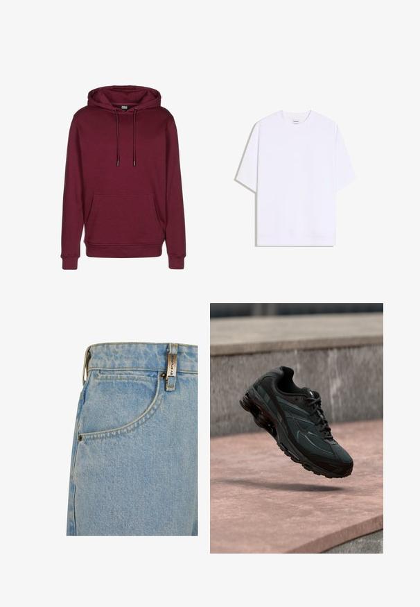 Burgunderfarbener Kapuzenpullover mit einer vorderen Tasche, Kordelzügen und gerippten Bündchen. Hergestellt aus weichem Stoff mit glatter Textur.; Schlichtes weißes, übergroßes T-Shirt mit kurzen Ärmeln und Rundhalsausschnitt, flach liegend auf weißem Hintergrund.; Helle blaue Jeans mit hoher Taille, frontalem Taschen, gelben Nähten und einem Metallschild am Taillenbund.; Schwarzer athletischer Sneaker mit sichtbarer Air-Cushioning-Zwischensohle, der über einer rosa Steinoberfläche mit grauer Steinmauer im Hintergrund schwebt.