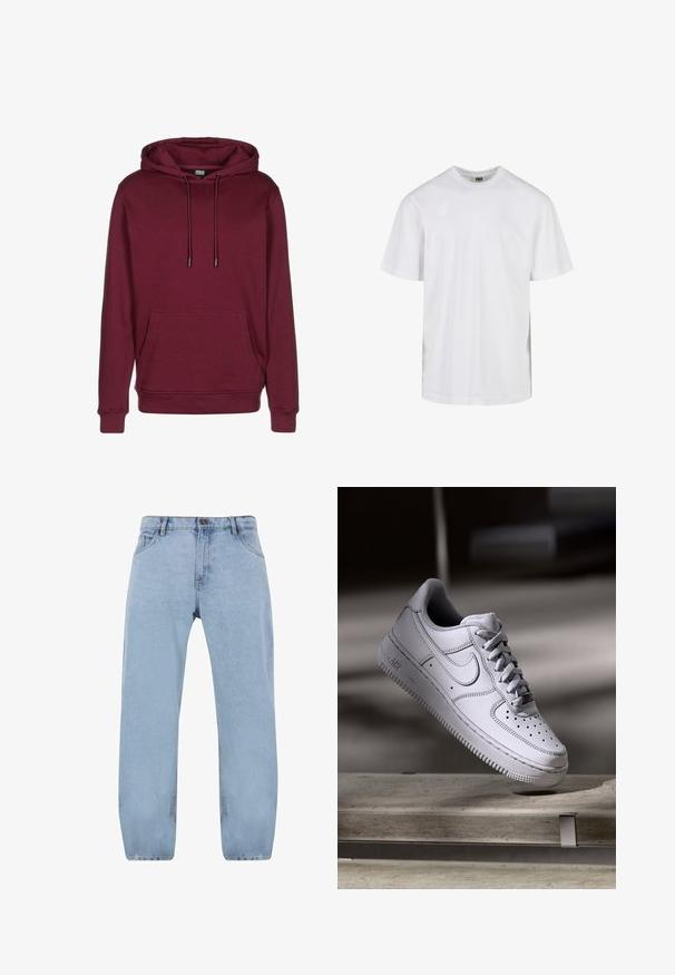 Burgunderfarbener Kapuzenpullover mit einer vorderen Tasche, Kordelzügen und gerippten Bündchen. Hergestellt aus weichem Stoff mit glatter Textur.; Schlichtes weißes T-Shirt mit kurzen Ärmeln und Rundhalsausschnitt in entspannter Passform, vor weißem Hintergrund dargestellt.; Hellblaue Denim-Jeans im Straight-Leg-Design, ausgestattet mit vier Taschen, einem Reißverschluss und goldenen Nähdetails.; Weißer Nike Air Force 1 Sneaker aus Leder mit perforierter Zehenpartie, flachen Schnürsenkeln und strukturierter Gummisohle mit "AIR"-Branding an der Seite.