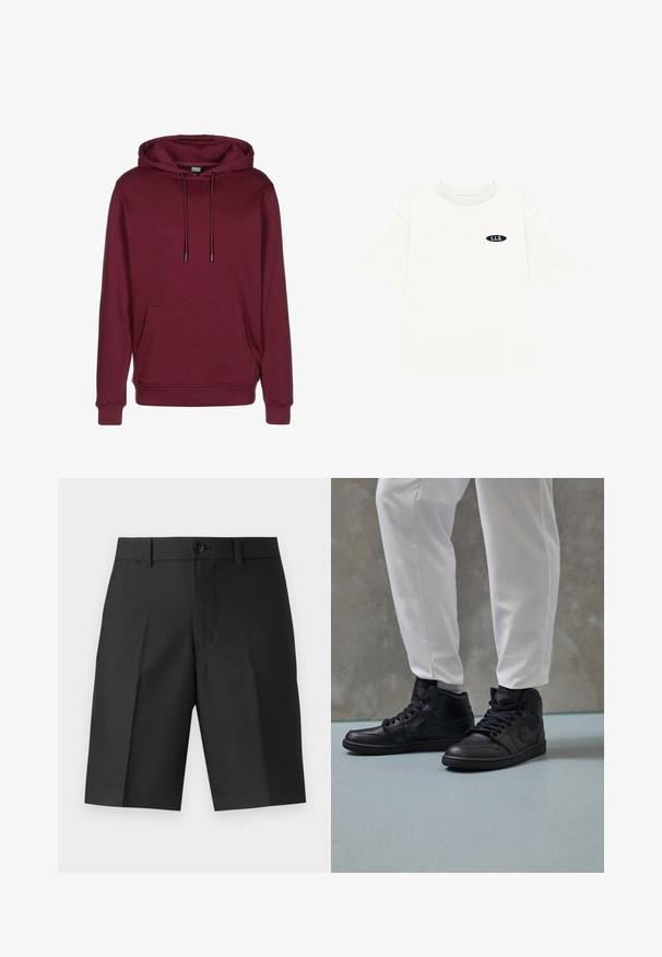 Burgunderfarbener Kapuzenpullover mit einer vorderen Tasche, Kordelzügen und gerippten Bündchen. Hergestellt aus weichem Stoff mit glatter Textur.; Kurzärmliges, Rundhals-T-Shirt aus leichtem beigem Stoff. Mit einem kleinen schwarzen ovalen Patch mit dem "L.L.S." Logo auf der Brust.; Schwarze, maßgeschneiderte Shorts aus leichtem Material, mit geradem Schnitt, einzelnen Falten und einem vorderen Knopfverschluss.; Schwarze High-Top-Sneaker aus glattem Leder, mit runder Zehenpartie und Schnürung; kombiniert mit weißen, schmal geschnittenen Hosen, auf einem strukturierten Boden präsentiert.