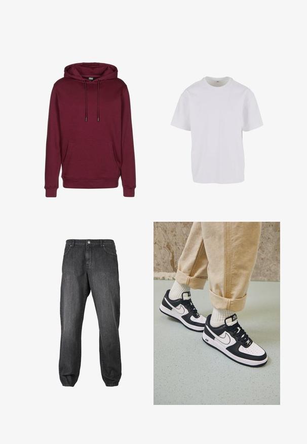 Burgunderfarbener Kapuzenpullover mit einer vorderen Tasche, Kordelzügen und gerippten Bündchen. Hergestellt aus weichem Stoff mit glatter Textur.; Weißes kurzärmeliges T-Shirt aus weicher Baumwolle, mit rundem Ausschnitt und lockerer Passform sowie geradem Saum. Keine Muster oder Akzente sichtbar.; Dunkelgraue Denim-Jeans mit entspannter Passform, die seitliche Taschen, einen Knopfverschluss und tapered Bündchen an den Knöcheln aufweisen. Texturierter Stoff.; Schwarz-weiße Nike Air Force 1 Sneaker mit einem Obermaterial aus Leder, perforierter Zehenpartie und strukturiertem Sohlendesign, getragen mit aufgerollten beigen Hosen und weißen Socken.