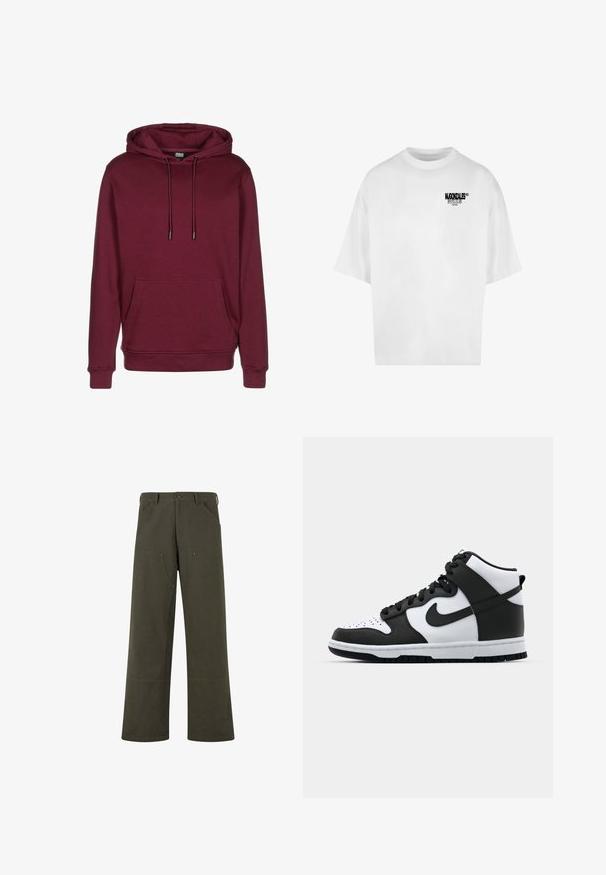 Sweatshirt à capuche bordeaux avec une poche avant, des cordons de serrage et des poignets côtelés. Fabriqué en tissu doux avec une texture lisse.; T-shirt oversize blanc avec un col rond et des manches courtes. Présente un logo noir imprimé sur la zone de la poitrine gauche. En matériau coton doux.; PROHIBITED EAST HAM CARPENTER - Pantalon classique - green; Baskets montantes noir et blanc avec tige en cuir, boîte à orteils perforée, logo swoosh proéminent et semelle en caoutchouc texturée.