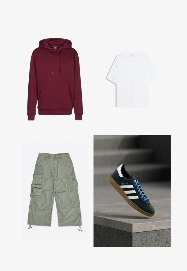 Bordeaux hoodie met een voorzak, trekkoorden en geribbelde manchetten. Gemaakt van zachte stof met een gladde textuur.; Wit oversized katoenen T-shirt met een ronde hals en korte mouwen; gladde textuur, zonder zichtbare patronen of accenten.; Lichtgroene cargoshorts met meerdere klepzakken, riemlussen, knoopsluiting en verstelbare trekkoorden bij de broekspijpen.; Zwarte Adidas-sneaker met witte strepen, blauwe veters en een gumzool die boven een grijze betonnen trede zweeft in zacht licht.