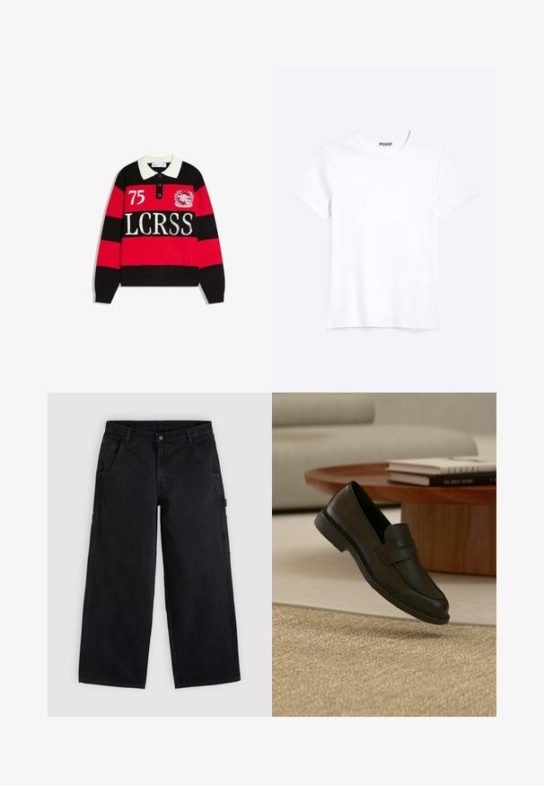Polo à manches longues à rayures horizontales noires et rouges, col blanc, numéro "75", emblème de blason et texte "LCRSS" sur le devant.; T-shirt blanc uni à manches courtes et col rond avec une étiquette de la marque WEEKDAY visible au niveau du col, présenté sur un fond clair.; Pantalon de travail noir à jambes larges avec passants de ceinture, poches avant et fermeture par bouton, présenté sur un fond clair uni.; Chaussure mocassin en cuir noir présentée en suspension au-dessus d'un tapis beige tissé, avec une table en bois et des livres empilés dans un salon doucement éclairé.