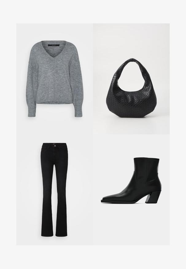 Vero Moda Tall VMJUPITER V NECK PULLOVER - Pullover - medium grey melange; Jean évasés noirs en denim, présentant un design classique à cinq poches, des coutures discrètes et une fermeture à bouton à l'avant.; Bottine en cuir noir avec un bout pointu, une silhouette élégante et un talon carré massif. Texture lisse avec des détails de couture minimalistes.; Sac à main tissé noir avec une poignée courbée, présentant une surface texturée et une forme décontractée. Fini lisse avec une silhouette organique.