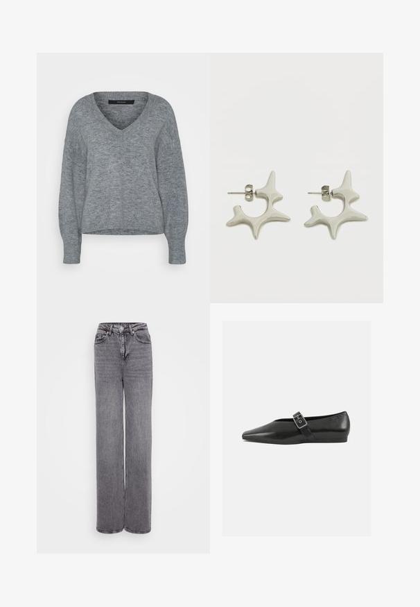 Vero Moda Tall VMJUPITER V NECK PULLOVER - Pullover - medium grey melange; Jeans taille haute gris avec une coupe droite, fermeture à bouton et à glissière, cinq poches et un fini denim texturé.; Chaussure plate en cuir noir avec un orteil pointu, présentant une sangle à boucle métallique sur le cou-de-pied et une semelle basse et flexible.; Boucles d'oreilles en argent présentant un design abstrait distinctif avec des formes irrégulières et une finition brillante. Comprend une attache à tige pour fixation.