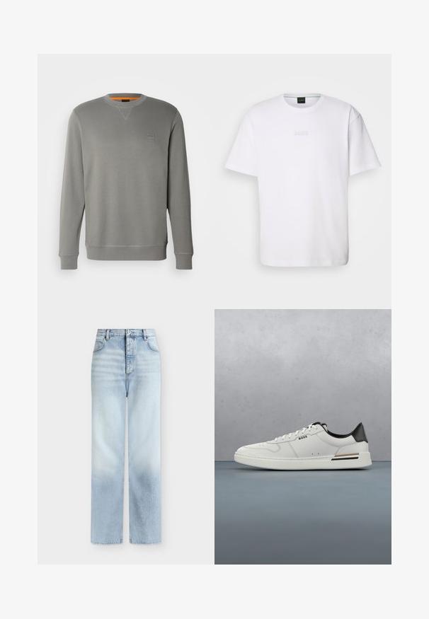 BOSS WESTART - Sudadera - open grey sixteen; Camiseta de algodón blanca de manga corta, con escote redondo y logotipo grabado de "BOSS" en el pecho. Textura suave, ajuste estándar.; Vaqueros azul claro de talle alto y pierna recta con bolsillos delanteros, trabillas para cinturón y cierre de botón.; Zapatilla baja blanca con talón negro, cierre con cordones, perforaciones sutiles y el logo "BOSS" en el costado, mostrada desde el perfil exterior.
