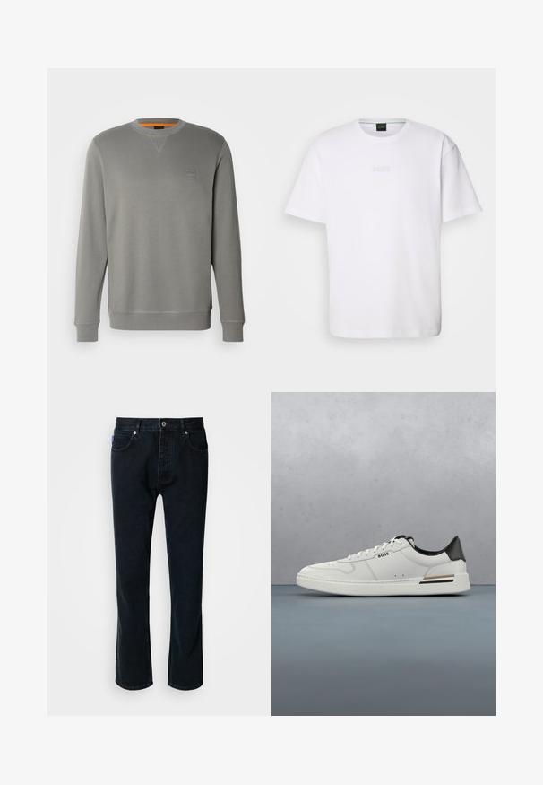 BOSS WESTART - Sudadera - open grey sixteen; Camiseta de algodón blanca de manga corta, con escote redondo y logotipo grabado de "BOSS" en el pecho. Textura suave, ajuste estándar.; HUGO JONAH - Vaqueros rectos - dark blue; Zapatilla baja blanca con talón negro, cierre con cordones, perforaciones sutiles y el logo "BOSS" en el costado, mostrada desde el perfil exterior.