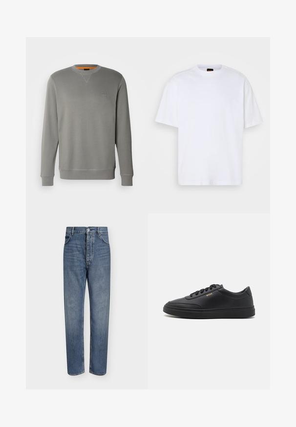 BOSS WESTART - Sudadera - open grey sixteen; Camiseta de algodón blanca con cuello redondo, mangas cortas y un corte relajado. Presenta costuras de hombro texturizadas para un detalle adicional.; Vaqueros de mezclilla azul de corte recto con cintura alta, cierre frontal de botones y diseño de cinco bolsillos sobre un fondo claro y liso.; Zapatillas de cuero negro con una textura suave, punta redondeada, suela plana de goma y cordones a tono. Presentan el logotipo dorado "BOSS" en el lateral.