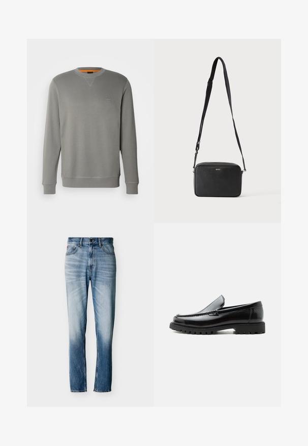BOSS WESTART - Sweater - open grey sixteen; Verbleekte blauwe jeans met rechte pijpen, vijf zakken, knoopsluiting en riemlussen, plat uitgestald op een witte achtergrond.; Zwarte leren loafer met dikke rubberen zool, gestikte bovenkant en gegraveerde merknaam op de hiel, zijaanzicht op witte achtergrond.; Zwarte rechthoekige crossbodytas met verstelbare band en BOSS-logo aan de voorkant, tegen een effen lichte achtergrond.