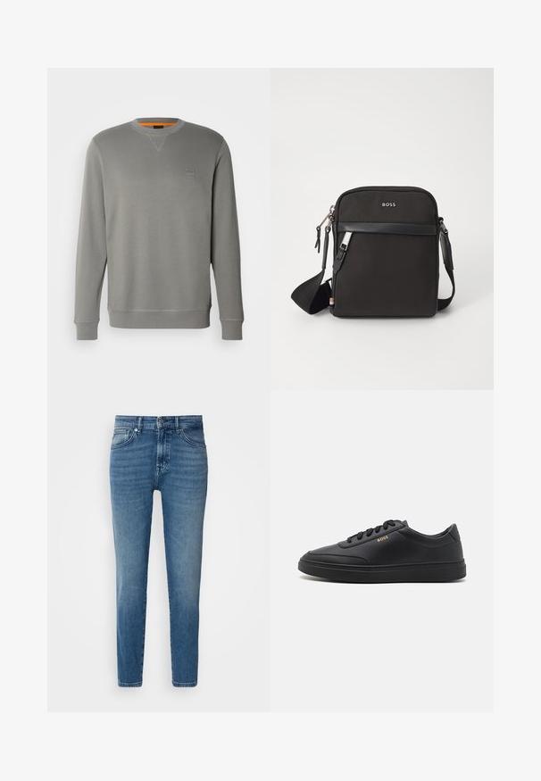 BOSS WESTART - Sweater - open grey sixteen; Lichtblauwe denim jeans met een rechte pasvorm, traditionele vijf-pocket stijl, metalen knoopsluiting en subtiele vervaging aan de voorkant.; Zwarte leren sneakers met een gladde textuur, ronde neus, platte rubberen zool en tonale veters. Kenmerkt zich door de gouden "BOSS" branding aan de zijkant.; Zwarte schoudertas van textuurstof, met logo aan de voorkant, ritssluiting en verstelbare schouderband. Voorzien van een gladde leren rand.