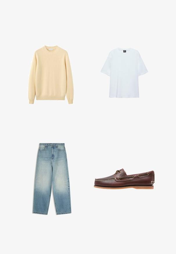 Pull crème à col rond en maille douce. Caractéristiques : poignets et ourlet côtelés, texture lisse et design simple et minimaliste.; T-shirt blanc uni oversize à manches courtes avec col rond et étiquette noire à l'intérieur du col sur fond blanc.; Jean denim bleu clair à jambes larges avec poches avant, fermeture par bouton, et effet délavé sur les cuisses et les genoux.; Chaussure bateau en cuir marron avec coutures blanches, détails de lacets et semelle en caoutchouc beige, vue de côté sur fond blanc.