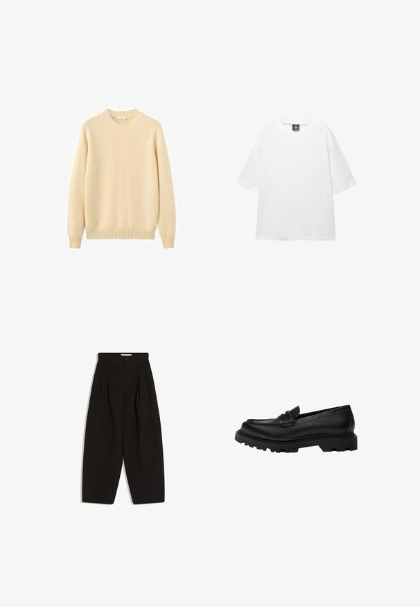 Pull crème à col rond en maille douce. Caractéristiques : poignets et ourlet côtelés, texture lisse et design simple et minimaliste.; T-shirt blanc surdimensionné avec des manches courtes, un col rond et un tissu en coton doux. Présente une étiquette noire au niveau du cou. Sans motifs ni accents.; Pantalon noir à jambes larges en tissu doux, avec un devant plissé, une fermeture à boutons et des poches latérales pour plus de fonctionnalité.; Mocassin en cuir noir avec une semelle robuste et texturée. Présente un bord décoratif en couture et un petit talon pour un design contemporain.