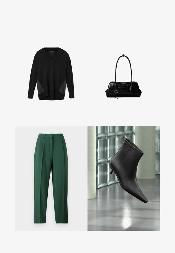 Pulover negro de cuello en V y manga larga con puños y dobladillo acanalados, que presenta paneles laterales de aspecto satinado y un corte relajado, ligeramente más corto por delante que por detrás.; Pantalones verdes con un diseño a medida, con frente plano, piernas rectas y una textura suave. Sin bolsillos visibles ni adornos.; Bota de cuero negro para el tobillo con puntera puntiaguda y tacón pequeño, exhibida frente a una pared de bloques de vidrio y un suelo pulido.; Bolso de hombro negro de cuero con textura de cocodrilo, con correas largas y un pequeño colgante de logo plateado en una correa.