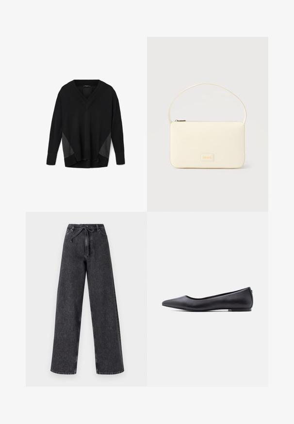 Pulover negro de cuello en V y manga larga con puños y dobladillo acanalados, que presenta paneles laterales de aspecto satinado y un corte relajado, ligeramente más corto por delante que por detrás.; Jeans de mezclilla negros de tiro alto y pierna ancha con cierre de cordón. Presentan una textura desgastada y detalles de costura sutiles.; Zapato plano de cuero negro con punta puntiaguda y tacón bajo, mostrado de perfil contra un fondo blanco.; Bolso rectangular color crema con una sola correa y cremallera superior, con una pequeña placa de logotipo en relieve en el frente.