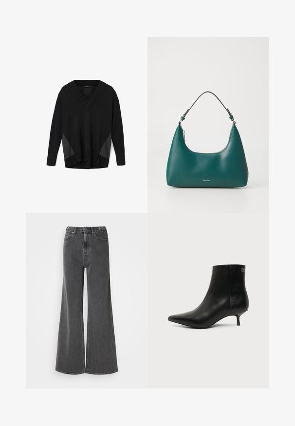 Pulover negro de cuello en V y manga larga con puños y dobladillo acanalados, que presenta paneles laterales de aspecto satinado y un corte relajado, ligeramente más corto por delante que por detrás.; Vaqueros de pierna ancha en denim negro desgastado, con una cintura alta, dos bolsillos frontales y cierres de botón metálico. Textura suave, detalles mínimos.; Botín de piel negra con puntera puntiaguda y tacón bajo estilo kitten sobre fondo claro, mostrando vista lateral exterior.; Bolso de mano en color teal con forma curva y una correa para el hombro, presentando un sutil logo de Calvin Klein en la parte frontal sobre un fondo blanco liso.
