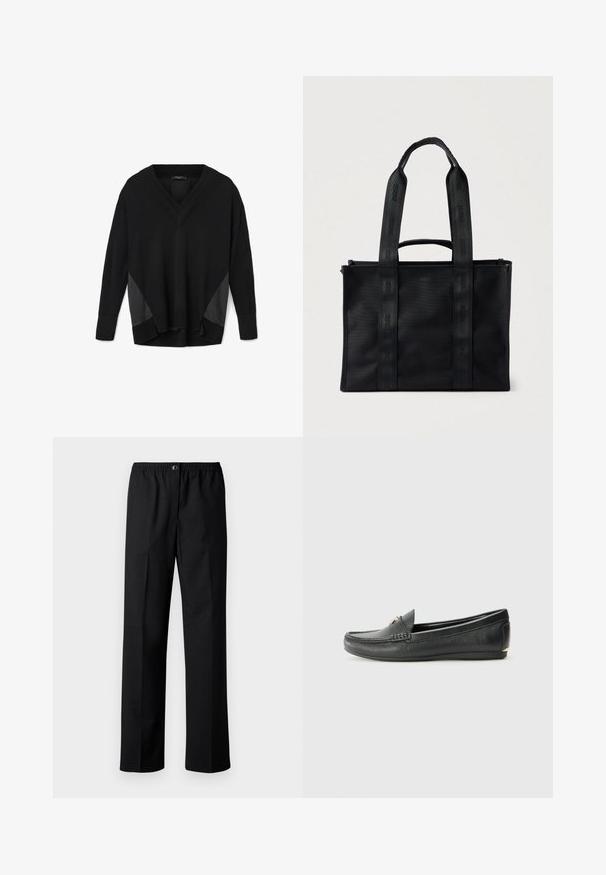 Schwarzer V-Ausschnitt Pullover mit langen Ärmeln, gerippten Bündchen und Saum, mit satinähnlichen Seitenpaneelen und einem entspannten, leicht asymmetrischen Schnitt.; Schwarze Hose mit geradem Bein, elastischem Bund und Knopfverschluss. Hergestellt aus gewebtem Stoff mit glatter Textur.; Schwarze Lederloafers mit strukturiertem Finish, leicht abgerundeter Spitze, dekorativer Naht und einem goldenen Akzent an der Vorderseite.; Schwarze Tragetasche aus strukturiertem Stoff mit geprägtem Logo. Verfügt über zwei obere Tragegriffe, einen Reißverschluss und tonale Logo-Riemen.