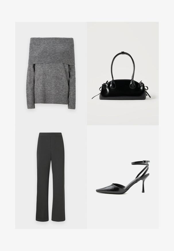 Pull gris dénudé sur les épaules avec une texture côtelée et un design uni. Présente des manches longues et un col large côtelé pour ajouter du détail.; Pantalon noir à rayures verticales avec un design à jambe droite, doté d'une taille élastique et d'un tissu lisse et texturé.; Escarpin noir à bout pointu avec fines brides de cheville et fermeture à boucle argentée sur fond clair uni.; Petit sac à main noir brillant avec deux longues anses et des détails à cordon sur les côtés sur un fond clair uni.