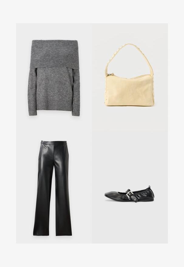 Pull gris dénudé sur les épaules avec une texture côtelée et un design uni. Présente des manches longues et un col large côtelé pour ajouter du détail.; Pantalons larges en cuir noir avec une texture lisse, poches avant et fermeture éclair. Présente un design épuré et minimaliste.; Chaussure plate en cuir noir avec un nez pointu, des détails froncés autour de l'ouverture et un accent en boucle argentée sur la bride ajustable.; Petit sac à main en cuir beige avec une seule bandoulière et des clous argentés le long des bords et de la bandoulière, posé sur un fond uni.